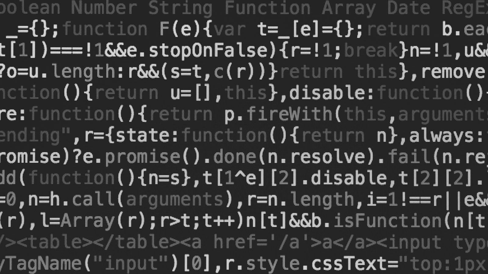 Programmcode mit eckigen Klammern auf einem dunklen Bildschirm, schwarzweiß